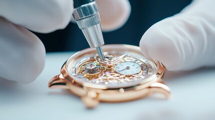 Watchmaker Restoring Luxury Timepiece, skilled artisan meticulously repairing intricate mechanisms, showcasing dedication to craftsmanship and attention to detail in a serene workshop environment