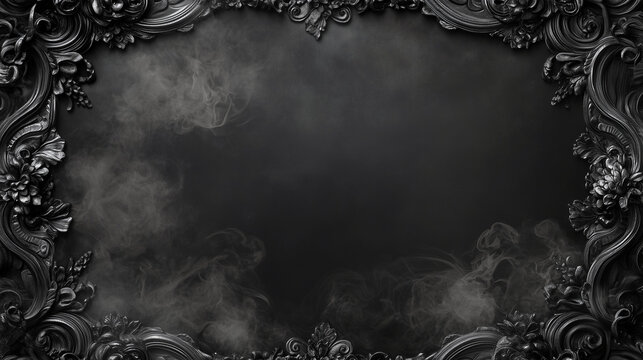 Ornate black baroque frame with swirling smoke on dark background, perfect for gothic designs, luxury branding, and mysterious aesthetics. Border, copy space 