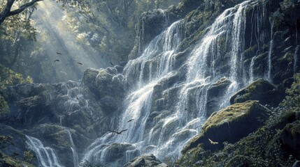 Waterfall cascade, birds flying, forest sunlight, nature serenity, travel poster