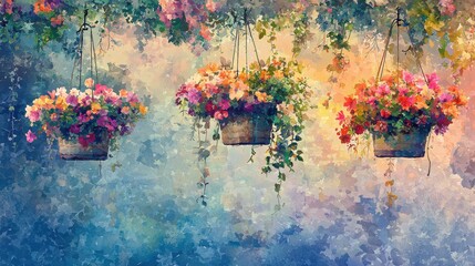 Colorful Hanging Flower Baskets Painting With Blue and Orange Background