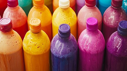 A colorful assortment of smoothies arranged in biodegradable bottles. digital