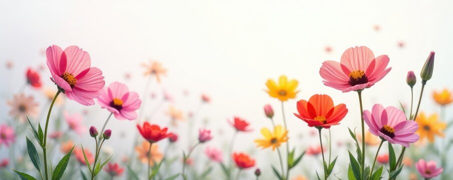 Sparsa colorful flowers on white background, soft focus, gentle colors, subtle, blossom