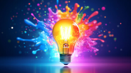 Vibrant light bulb with colorful splash background, symbolizing creativity and innovation in a dynamic composition.