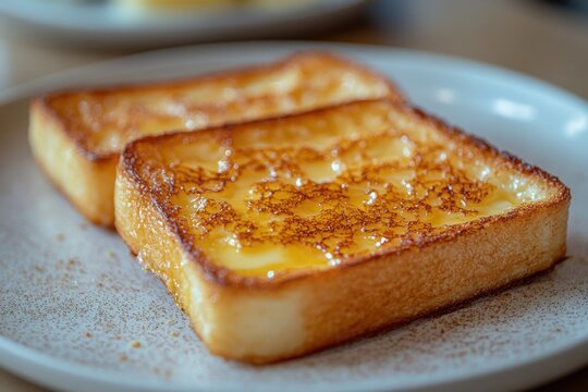 close-up of a classic breakfast dish. The dish consists of two slices of bread soaked in a mixture of two beaten eggs and fresh milk, then fried in a tablespoon of butter.