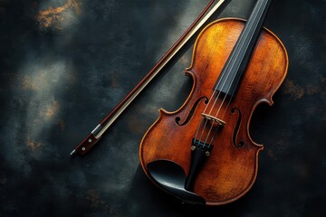 Fototapeta premium A violin and bow lies on the floor in dark a blank modern minimalist gallery and comes to life, elegant rich textures