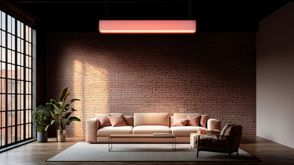 minimalist and chic living room featuring soft sofa, stylish armchair, and glowing smart light fixture. warm tones create cozy atmosphere
