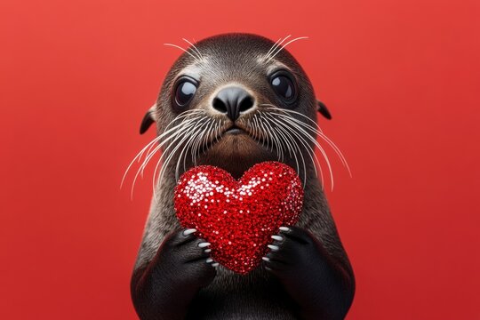 Cute sea lion baby with sparkling rhinestones red heart - emblem of love, funny greeting card. Sea lion - my preferred animal. Ad concept. Commercial concept. Zoo adventure valentines ideas.