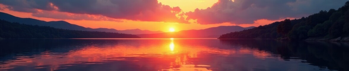Obraz premium Sunset on the lake's surface brings peacefulness, evening, peaceful