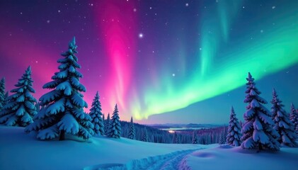 Naklejka premium Swirling aurora lights dance above snow-covered trees, snowflakes, nature