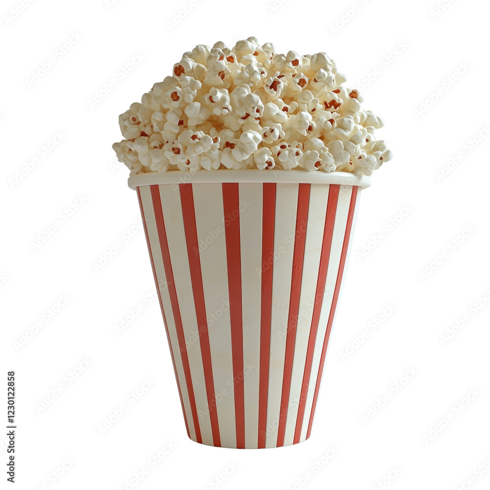 Poster A digitally rendered image shows a large cup of popcorn overflowing in a red and white striped container against a black background.