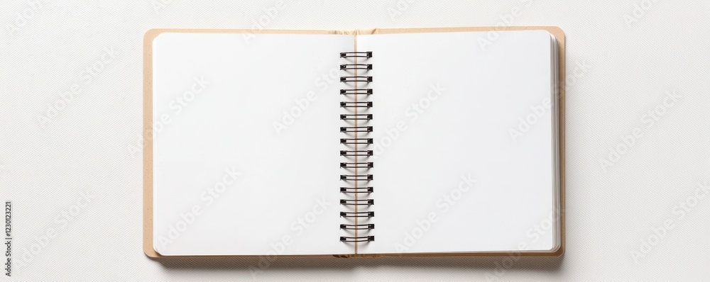 Poster an open blank notebook with a spiral binding, showcasing empty pages ready for notes, sketches, or c