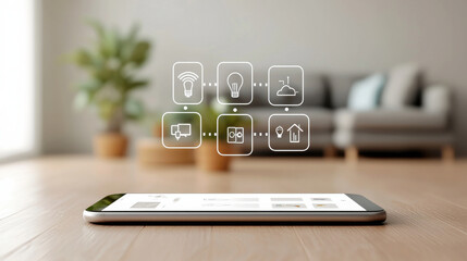 Smartphone displaying home automation controls with icons for lighting, security, and appliances, set in modern living room. seamless integration of technology enhances convenience and comfort