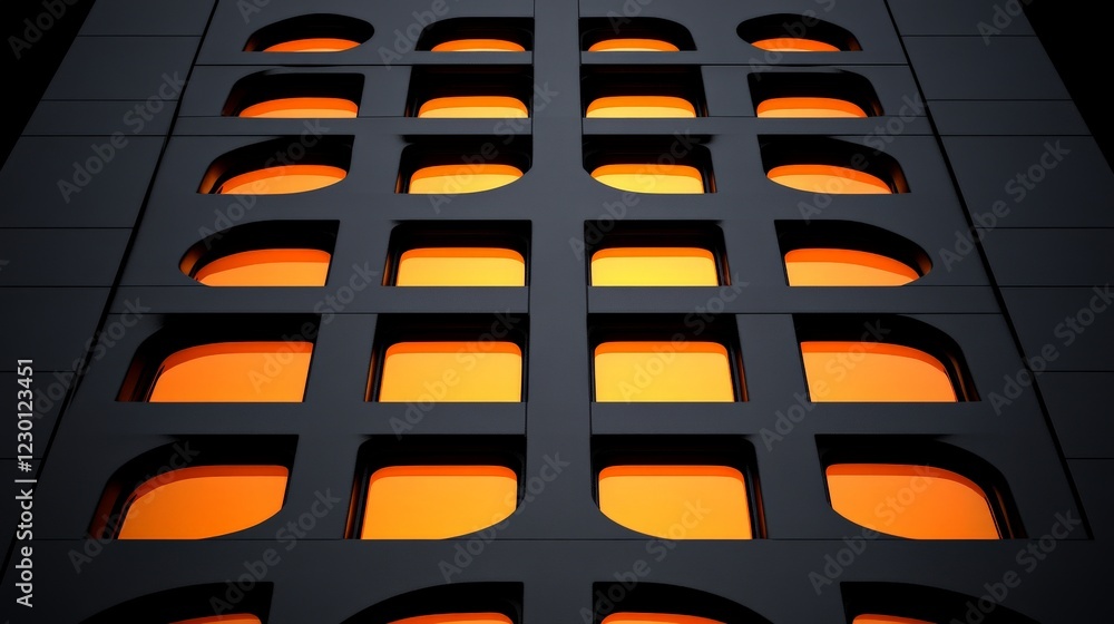 Aufkleber geometric architecture: a grid of rectangular and arched windows, illuminated by an ethereal orange 