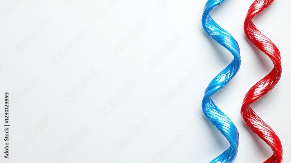 Poster two twisted ribbons in blue and red on a light background, creating a visually appealing contrast.