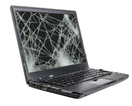 broken laptop with cracked screen, isolated on transparency background, symbolizes technology failure and frustration. This captures essence of malfunctioning device