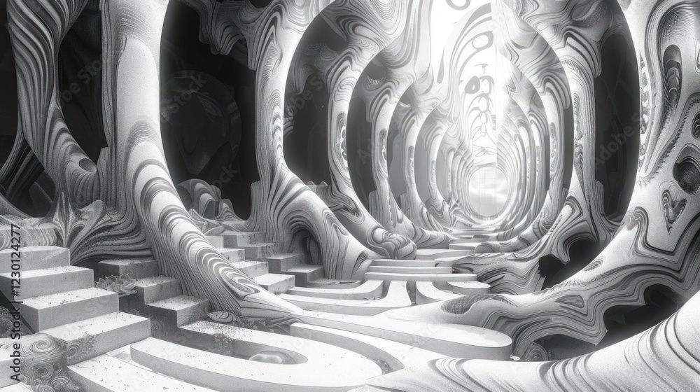 Poster surreal white abstract tunnel with intricate patterns and soft light illuminating the space