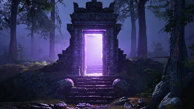 Glowing door in fog night forest. Light portal. Mistic and magic concept