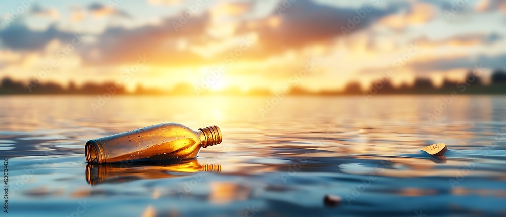 Poster a single bottle floating on the calm surface of a reservoir creating a serene reflection of the warm