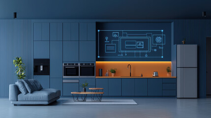 Stylish kitchen with smart home technology, modern design, and blue cabinetry. space features advanced holographic displays and sleek appliances, creating futuristic atmosphere