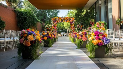 Fototapeta premium A colorful wedding aisle with floral arrangements and modern seating. digital