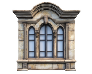 decorative architectural window with arched design and stone texture, showcasing intricate details and vintage appearance. This window adds elegance to any building facade