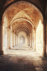 Long, stone walkway with arched ceiling and stained glass windows.