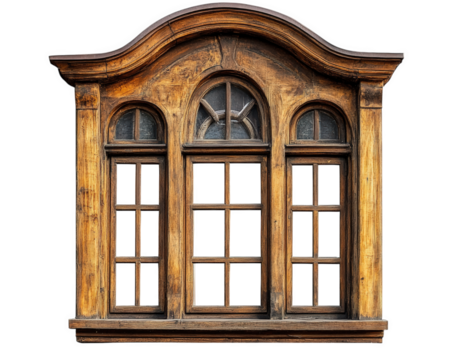 Vintage wooden window with arched top and multiple panes, showcasing intricate craftsmanship and rustic charm. Perfect for adding character to any space