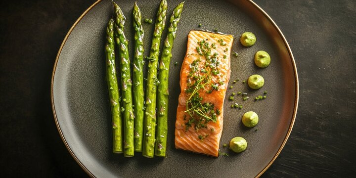 A delicious healthy meal, featuring fresh salmon and asparagus. This gourmet dish is both nutritious and visually appealing.