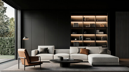 Modern living room featuring stylish sofa, elegant armchair, and sleek shelving. design emphasizes minimalism and sophistication, creating serene atmosphere