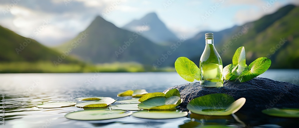 Poster bottles gently floating amidst a sea of lush lily pads in a remote serene reservoir creating a peace