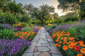 Obraz premium Stone path through vibrant flower garden at sunset