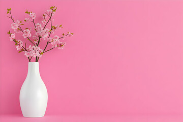 Pink blossoms in vase, pink background. Spring decor