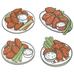 Hot and Spicey Buffalo Chicken Wings vector illustration, Drawn roasted chicken wings with celery stalks on a platter and sauce.
