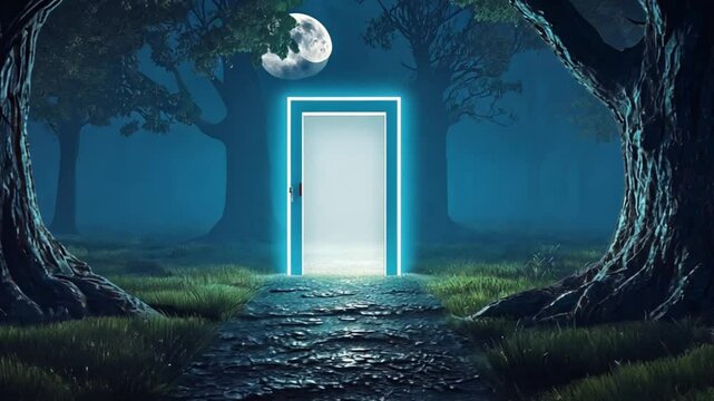 Glowing door in fog night forest. Light portal. Mistic and magic concept