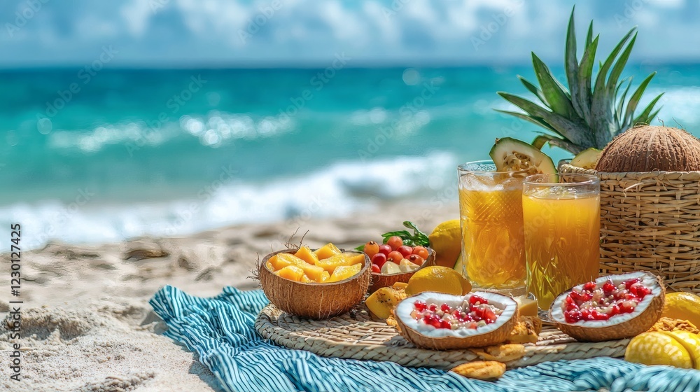 Poster picnic setup on the beach woven mat tropical fruits fresh coconuts and summer snacks ocean waves in 