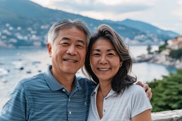 Obraz premium Portrait of a blissful asian couple in their 40s wearing a sporty polo shirt isolated in picturesque seaside village