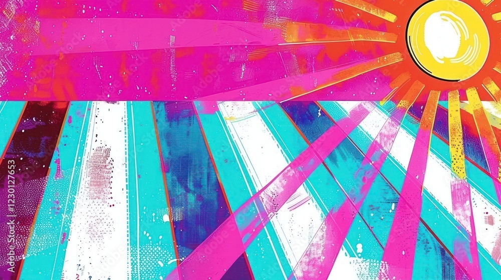 Poster vibrant abstract illustration of a sun shining over colorful rays with a dynamic background