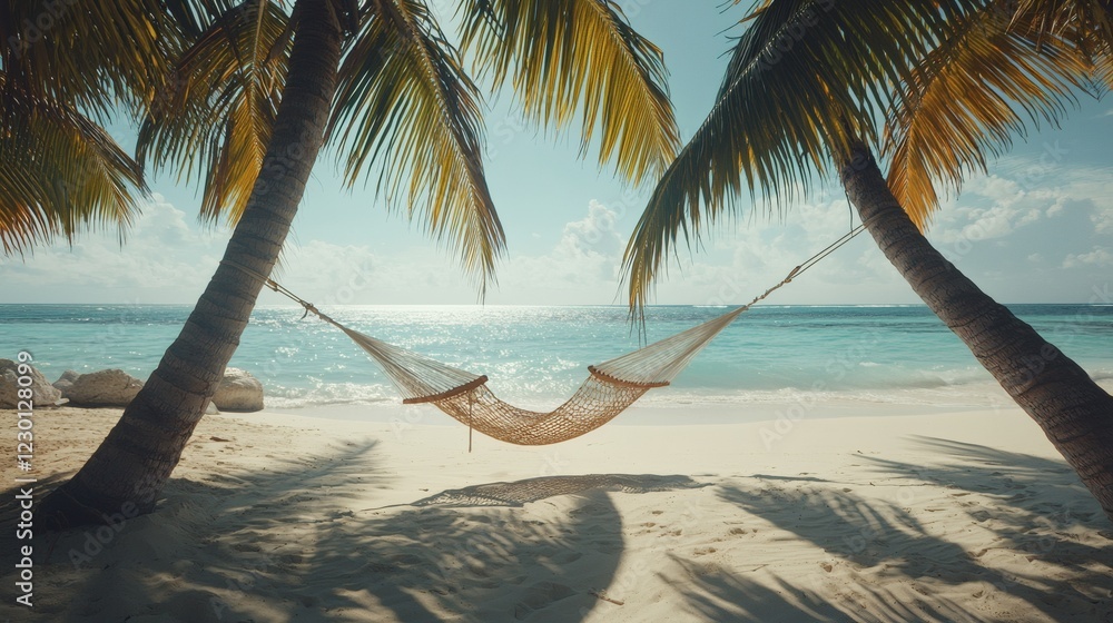 Poster a hammock tied between two coconut trees on a secluded island beach soft white sand and calm ocean w