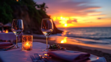 Romantic candlelit dinner on a private beach sunset reflecting on the ocean intimate luxury island dining experience Stock Photo with side copy space