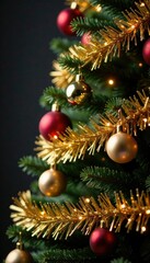 Sparkling golden tinsel draped across a festive Christmas tree, holiday, ornaments, winter