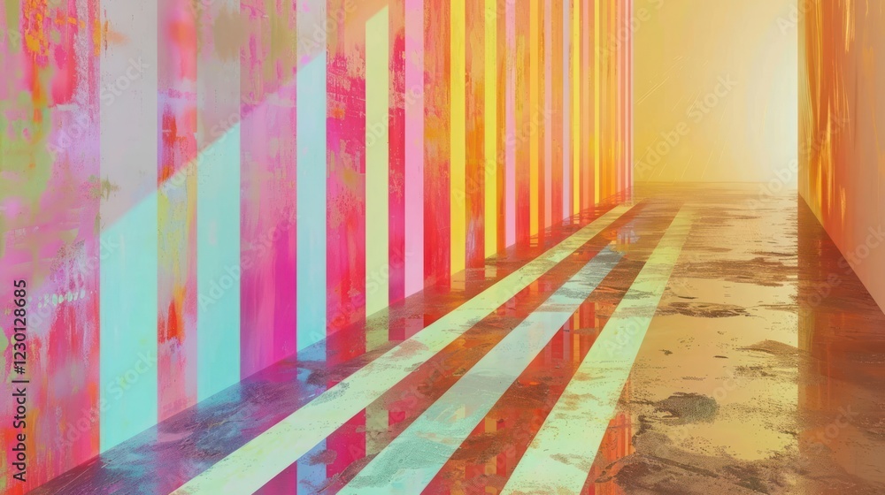 Aufkleber vibrant abstract corridor with colorful vertical stripes and reflective wet floor creating depth