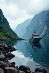 Fjord with Norwegian Navy ship anchored near rocks, anchor, rocks