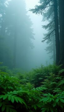 Fog-shrouded ferns sway gently in windless forest air, fog rolling in, atmospheric