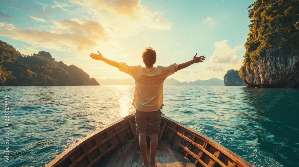 Poster person standing at the bow of a boat sailing towards a tropical island arms outstretched enjoying th