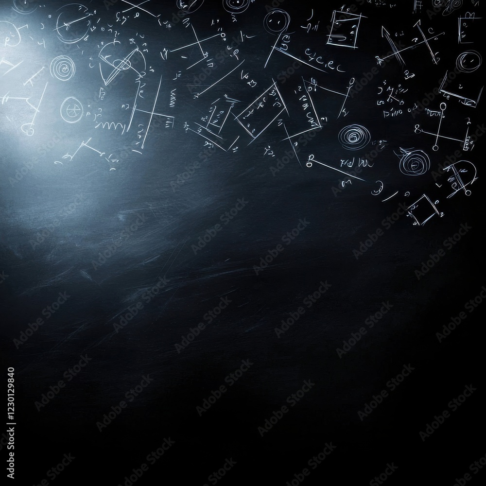 Aufkleber dark background illuminated by light, featuring various mathematical symbols and equations scattered