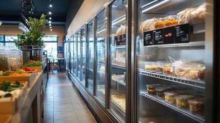 Grocery Store with Refrigerated Display Cases Filled with Food Items