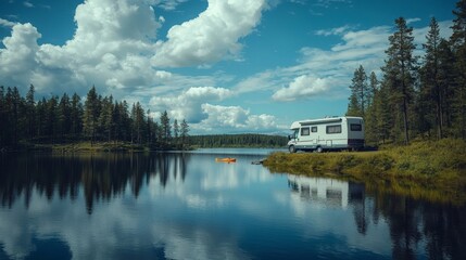 Fototapeta premium RV parked near a serene lakeside location with a kayak on the shore perfect summer road trip camping destination Stock Photo with side copy space