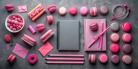 Elegant Pink & Gray Stationery Mockup on Dark Gray Background - Flat Lay Food Photography