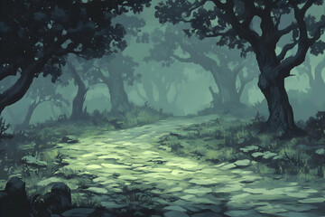 Obraz premium Misty forest path, winding road, tranquil scene, game background