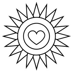 Radiant Sun with Heart Core Line Art Design